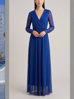 Elegant Royal Blue Long Sleeve Wrap Maxi Dress